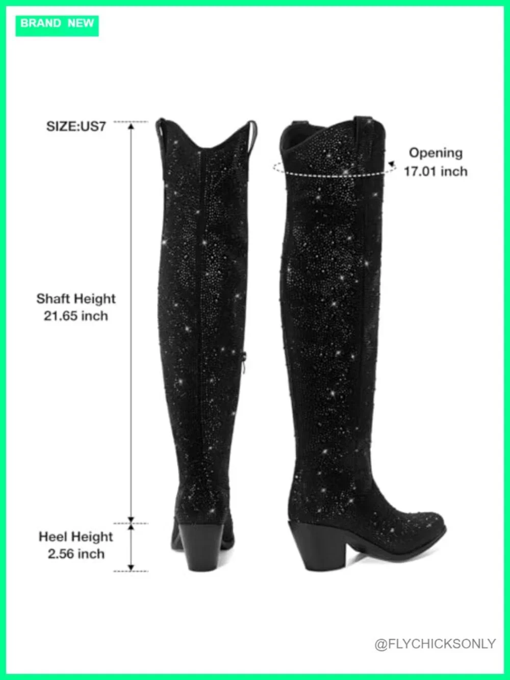 Rhinestone Cowboy Boots, Over the Knee Cowgirl Boots, Pointed Toe Chunky Heel